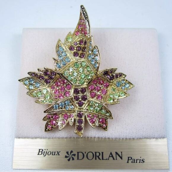 New D'Orlan Gold Plated Maple Leaf Brooch with Pastel Swarovski Crystals 0034 - Picture 1 of 4